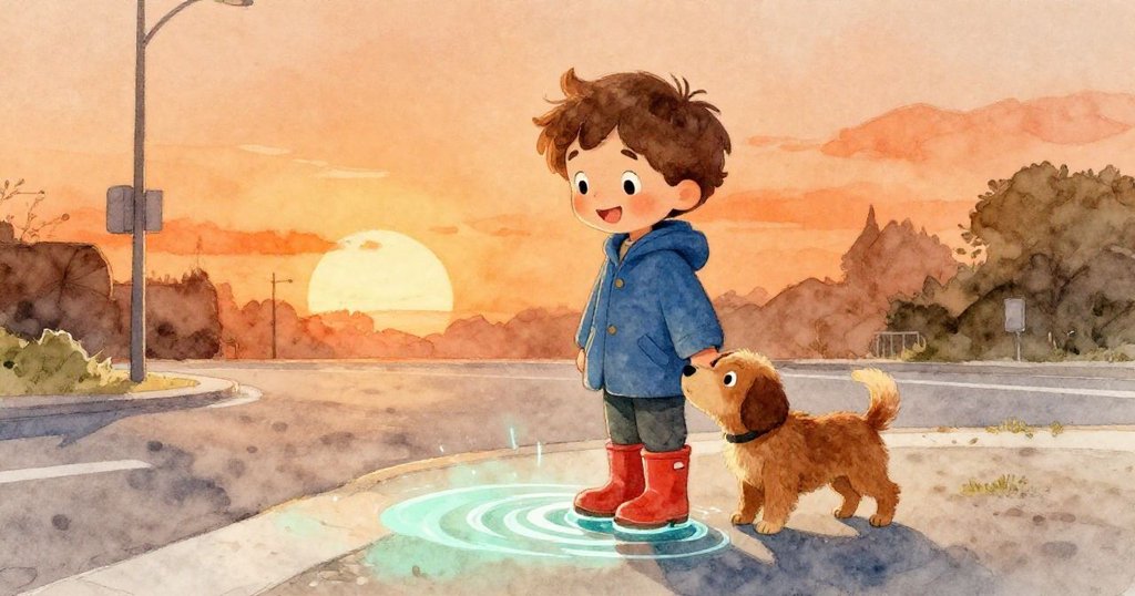 Luca與狗共享溫馨時刻，鞋邊水流亮起夕陽光芒，街角象徵故事圓滿結局