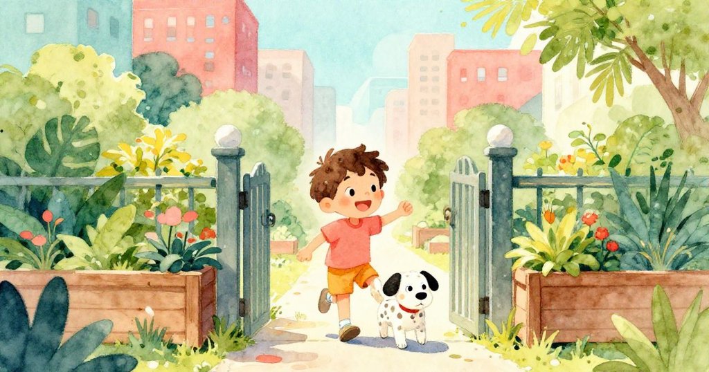 Leo走過開啟的大門進入陽光明媚的城市花園，他充滿好奇與興奮，小狗快樂跟隨，背景有木質花槽與綠意盎然。