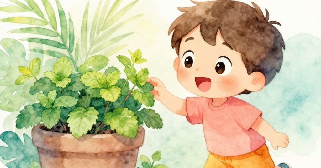 Leo靠在高高的花盆旁輕觸薄荷葉，他的眼神驚訝且充滿好奇，細緻的臉部表情在柔和光線下清晰可見。