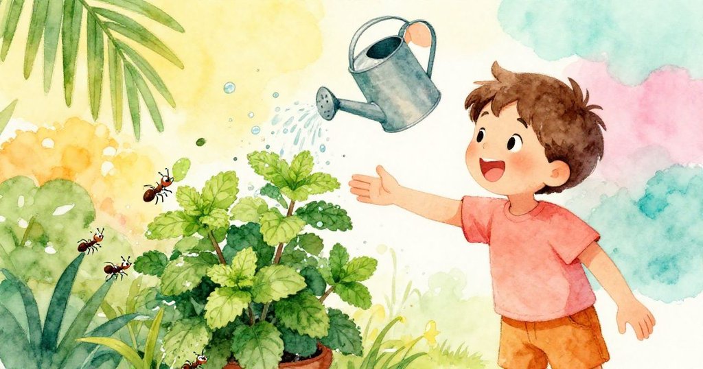 從Leo身後視角看見他的手觸碰薄荷花盆，水壺遭撞引發水花灑落在忙碌的螞蟻上，活潑的畫面充滿生機。
