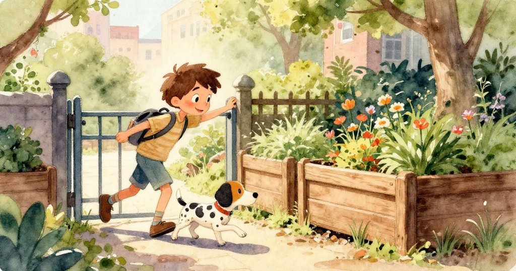 從高處俯瞰花園，螞蟻沿著豆蔓爬行，麻雀驚跳上高枝，散落的種子飛向堆疊的陶盆，場景充滿自然生機。