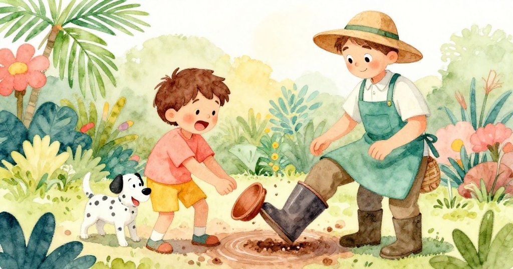 Leo與小狗注視旋轉的陶盆撞在園丁的靴子上，救下幼苗，Leo興奮拍手，園丁神情專注，場景充滿動感。