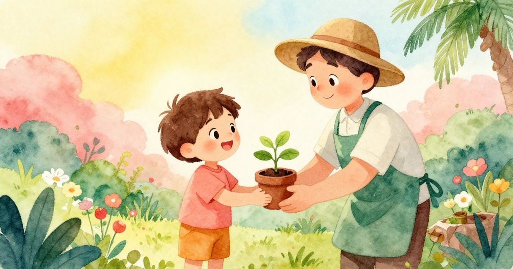 園丁溫柔地將小陶盆中的幼苗贈與Leo，Leo安靜拍手表示欣喜，背景中磚砌排水溝流水蜿蜒，場景溫馨和諧。