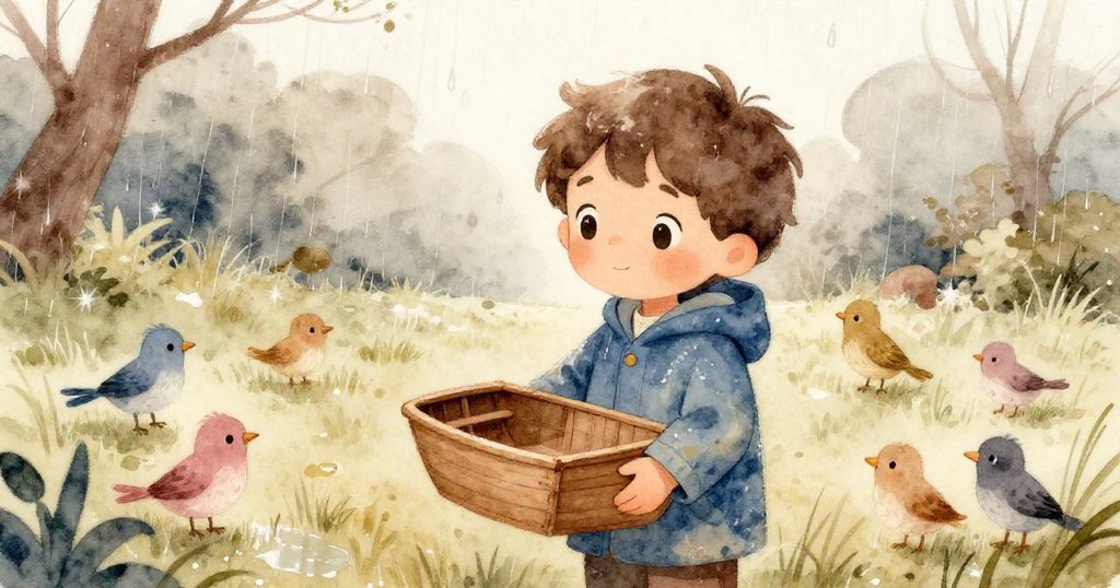 雨後午後，Kai站在閃亮草地上與周圍小鳥互動，手握小木船，神情好奇展開故事序幕。