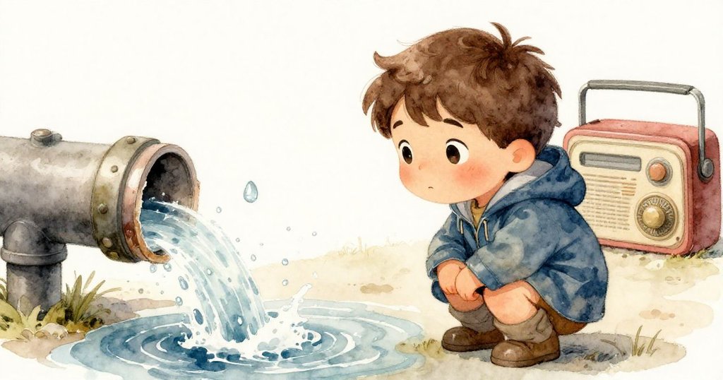 Kai蹲下觀察湧出的水花，專注數著節奏，雨天背景中收音機播放柔和樂曲，情感展現故事發展。