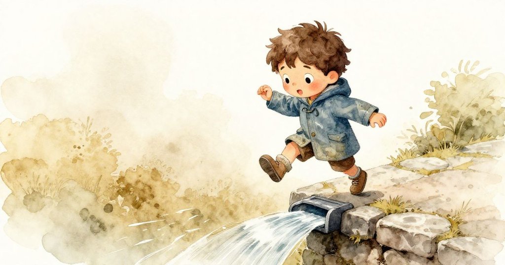 高角度俯瞰，Kai踏上濕滑石邊準備跨越流動水溝，神情緊張中透露著一絲勇敢，情節推向高潮。