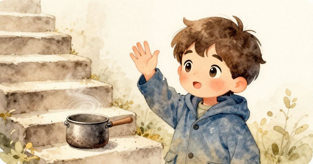 在溫柔光線下，Kai向身旁旋轉陶罐揮手告別，靜謐台階與水流映襯著故事結局的溫馨情感。