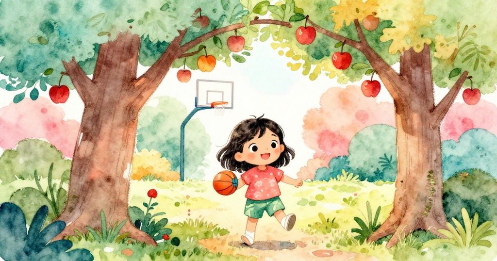 Layla 穿過蘋果樹門框走進陽光庭院，手拿玩具籃球，臉上充滿期待，故事初始充滿溫暖與歡樂。