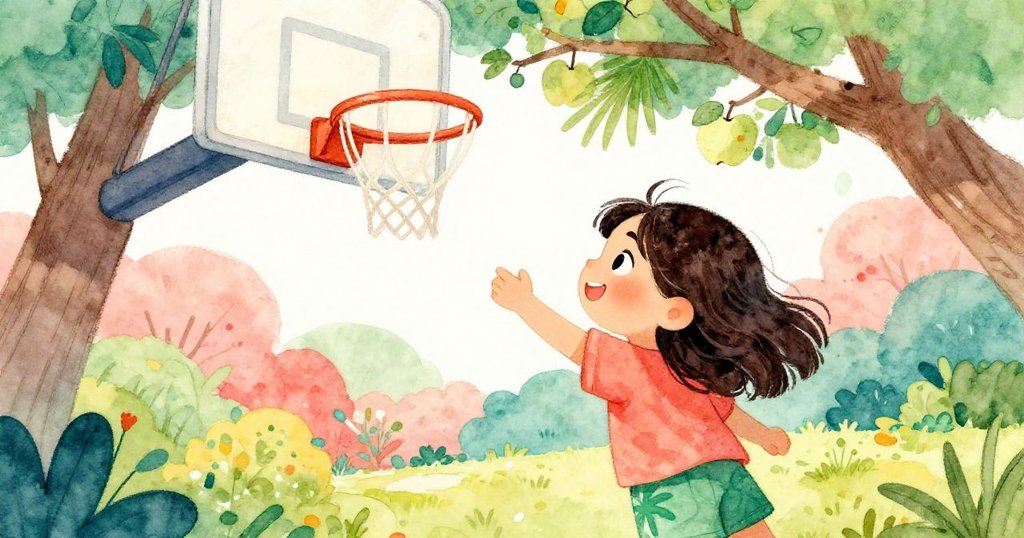 從後方角度看Layla專注瞄準老舊搖擺籃框，手穩目聚，樹葉輕拂，營造出專注期待的場景。