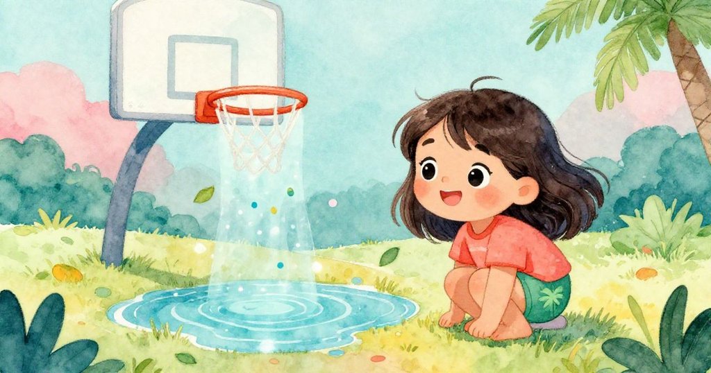 Layla 蹲下注視反射籃框的水坑，水面波光粼粼猶如水下奇幻世界，眼神充滿驚奇與柔情，情境夢幻。