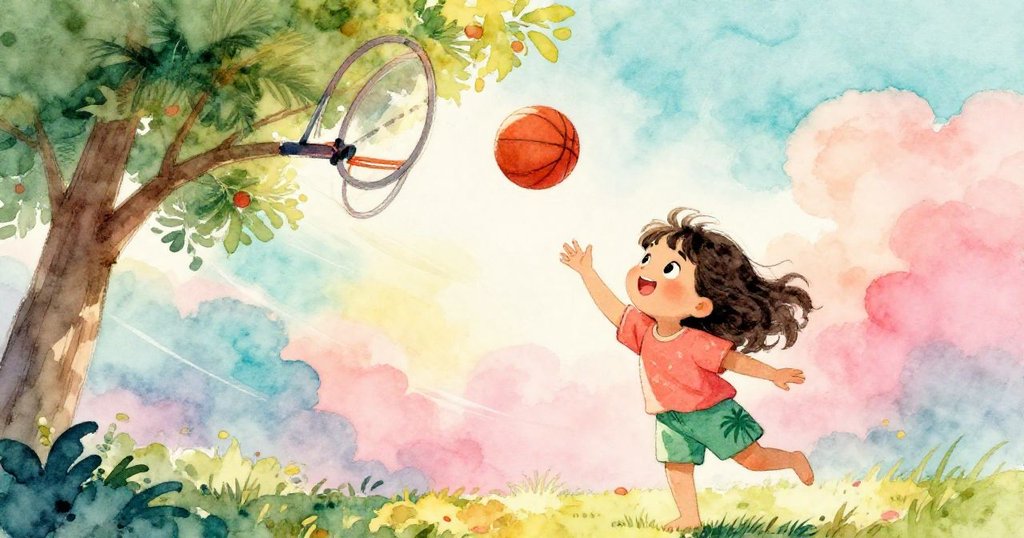 Layla 釋放籃球時，老籃框隨風劇烈搖擺，她臉上既緊張又興奮，雲影與陽光爭輝，呈現高潮緊張感。