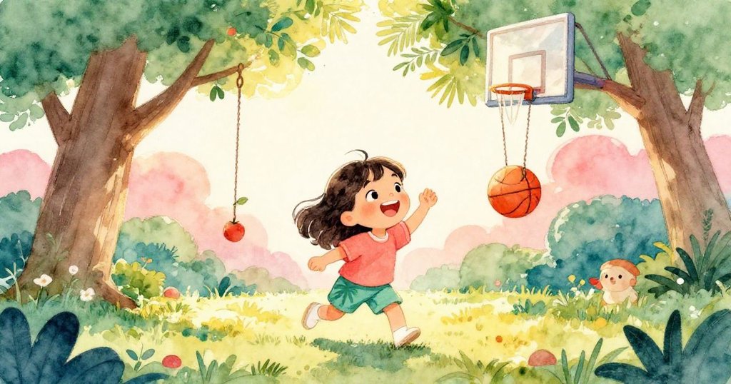 Layla 開心撿起回彈籃球，向輕輕搖擺籃框揮手告別，夕陽與樹蔭交織，營造出溫馨結局。