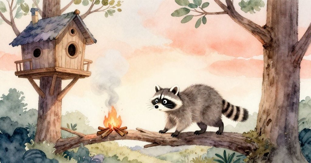 灰浣熊在夕陽下走上樹枝，樹屋橙金光影與淡煙繚繞，充滿期待與溫馨氣氛。
