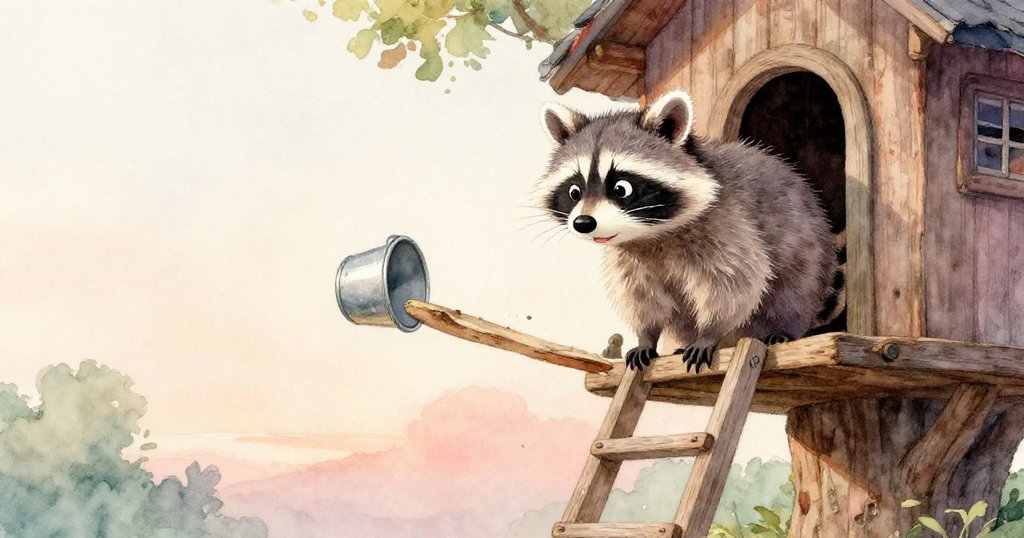 灰浣熊正攀爬木梯，細節展示移動中的銅杯與木板，充滿動作與驚奇感。