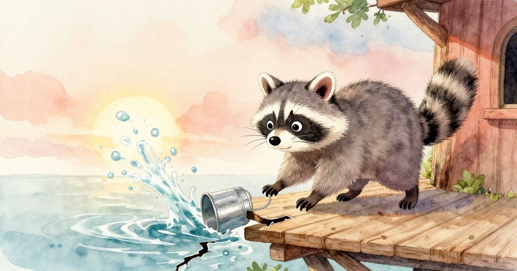 傾斜視角下，銅杯被木板推動，水波飛濺奔向裂縫，情節轉折充滿動感。