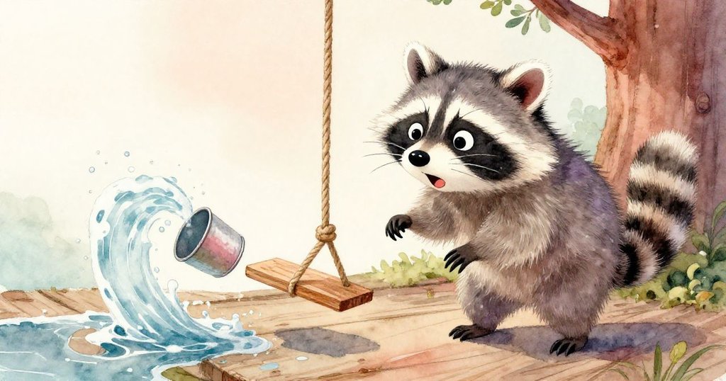 浣熊驚訝注視繩索擺動與木板反彈，銅杯定格於半空，情節緊湊充滿驚奇。