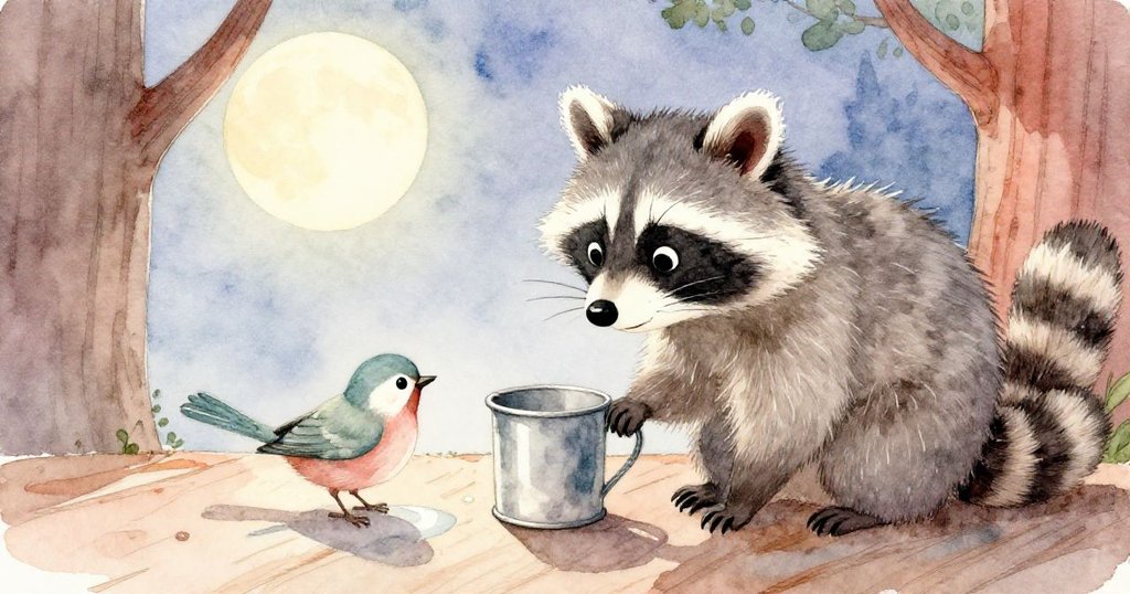 月光下浣熊輕觸銅杯，小鳥悄然靠近水坑，結局溫馨美好，寓意奇妙禮遇。