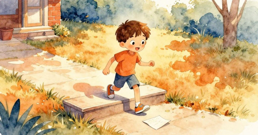 莉亞姆走進後院草坪,晨光灑落暖黃亮光,腳邊筆記本靜立,表情充滿期待展開了一段美好早晨冒險