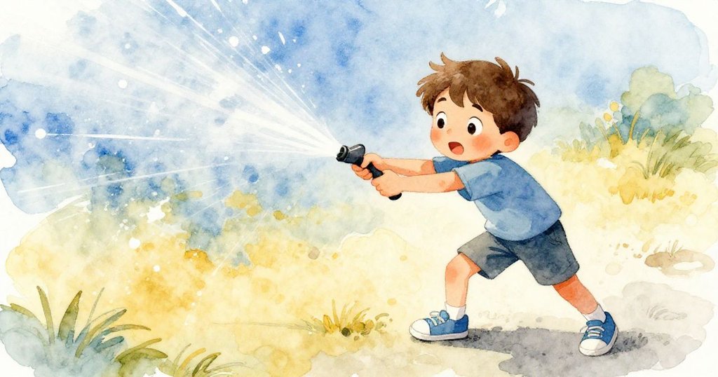 莉亞姆從高點俯瞰,蹲下倒數準備衝出,灑水器水弧循環,神情專注洋溢活力與決心