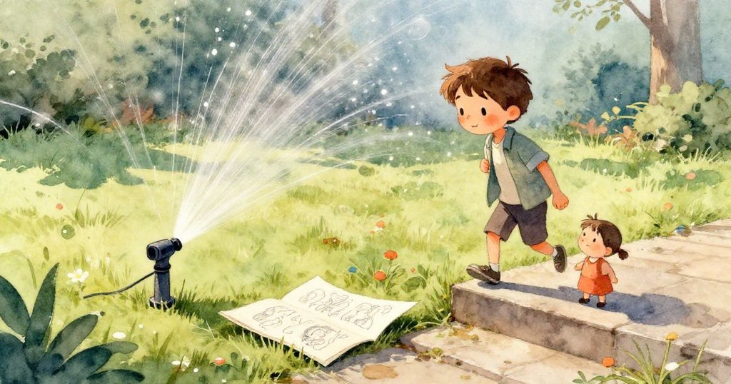 灑水器轉動拋灑水流,水珠點綴露珠綠草,晨光映照出柔和溫暖氛圍,大自然節奏分明