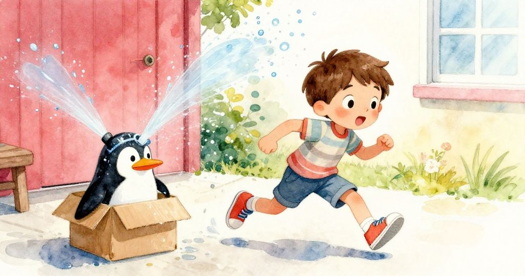 莉亞姆急奔追逐企鵝玩具,不慎碰觸灑水器基座,水流灑進紙箱,展現緊張活潑追逐情景