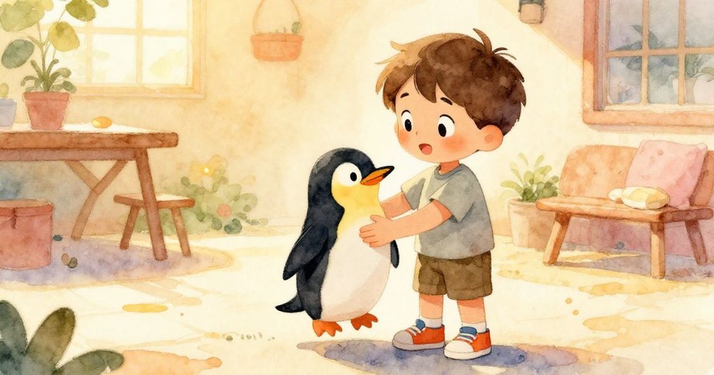 莉亞姆溫柔抱著企鵝玩具,滿臉安心與關愛,步履穩健回到庭院,展現成功救回童心故事結尾