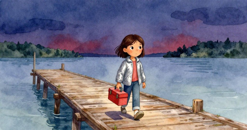 Lena 手持工具箱走在古老木製碼頭上，海灣涼風吹拂，昏暗天際中透著期盼與決心。