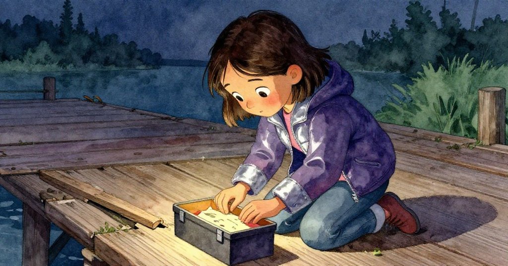 Lena 聚精會神檢查鬆動木板，表情專注，手中拿著工具箱，現場充滿了細膩與決心。