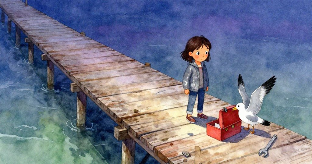 從高角度俯瞰碼頭，Lena 與海鷗互動，工具箱打開，扳手滾動，展現出整個場景的細節與動感。