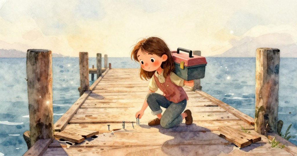 水流滲入木板縫隙，展示濕潤木材的膨脹與水滴閃爍，細緻地呈現大自然介入的瞬間。