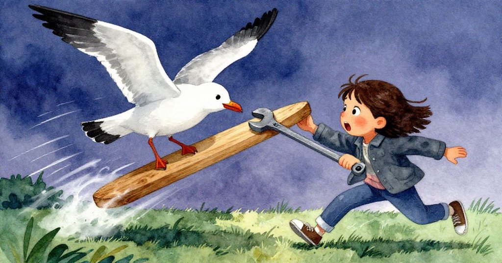 受到驚嚇的海鷗振翅飛揚，Lena 快速用扳手穩住上升木板，充滿緊急與活躍的動感瞬間。