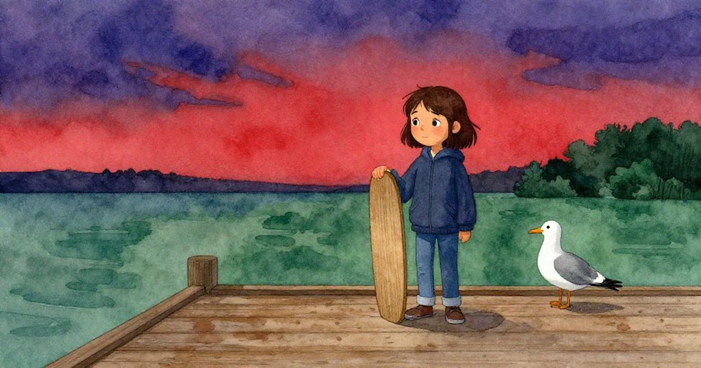 Lena 成功穩住木板，站在充滿黃昏色彩的木製碼頭上，海鷗靜靜側立，場景中流露出平靜與收穫的情感。