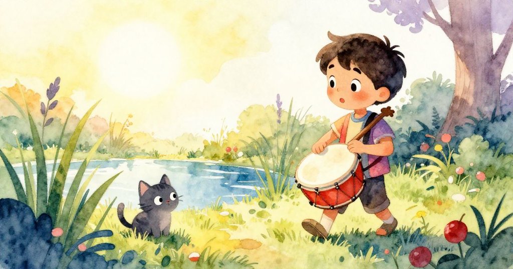 霍爾赫在午後柔和光線中走過小花園，手提圓鼓，背景有池塘和草叢中好奇凝視的貓，氛圍平和且溫馨。