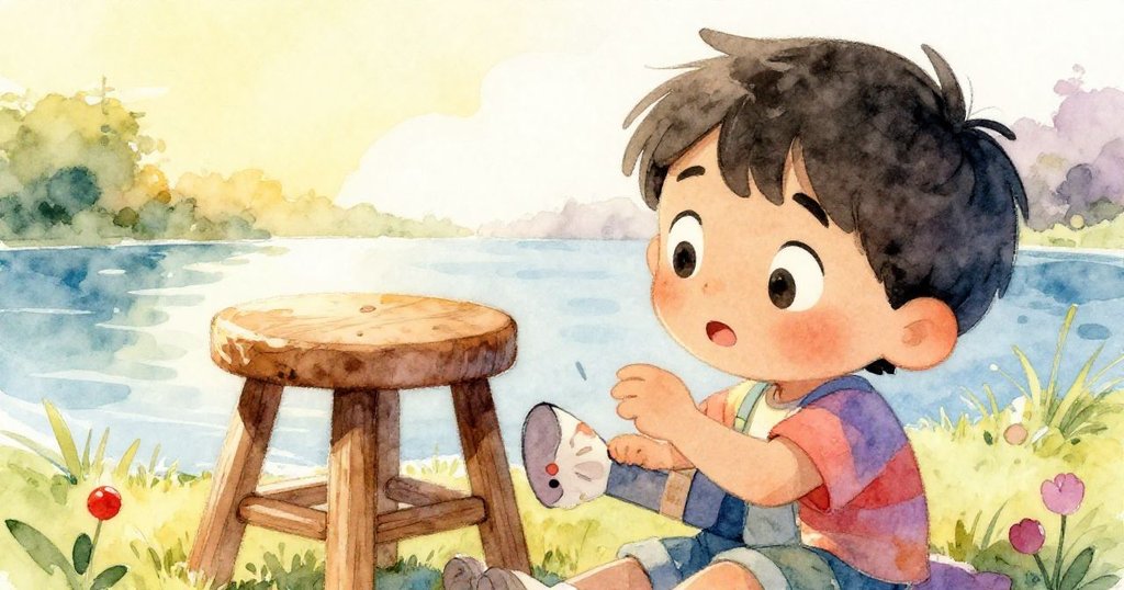 霍爾赫近距離凝視著木凳，輕輕敲打著凳腿，神情專注且稍帶擔憂，背景隱約見池塘與自然景物。