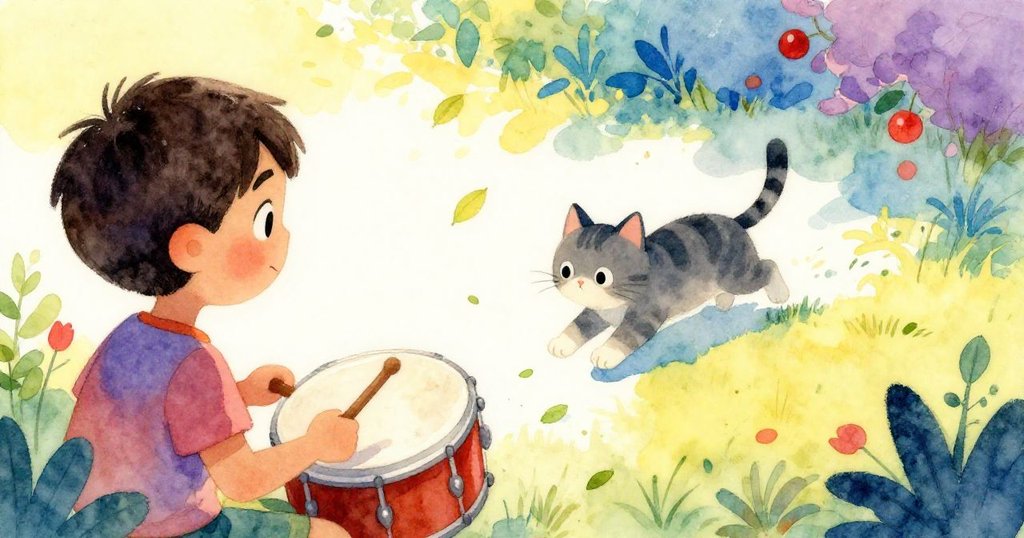 從霍爾赫背後看見滾動的圓鼓向著漂浮的落葉前進，靦腆的貓迅速上前攔阻，背景呈現池塘邊柔和光影。