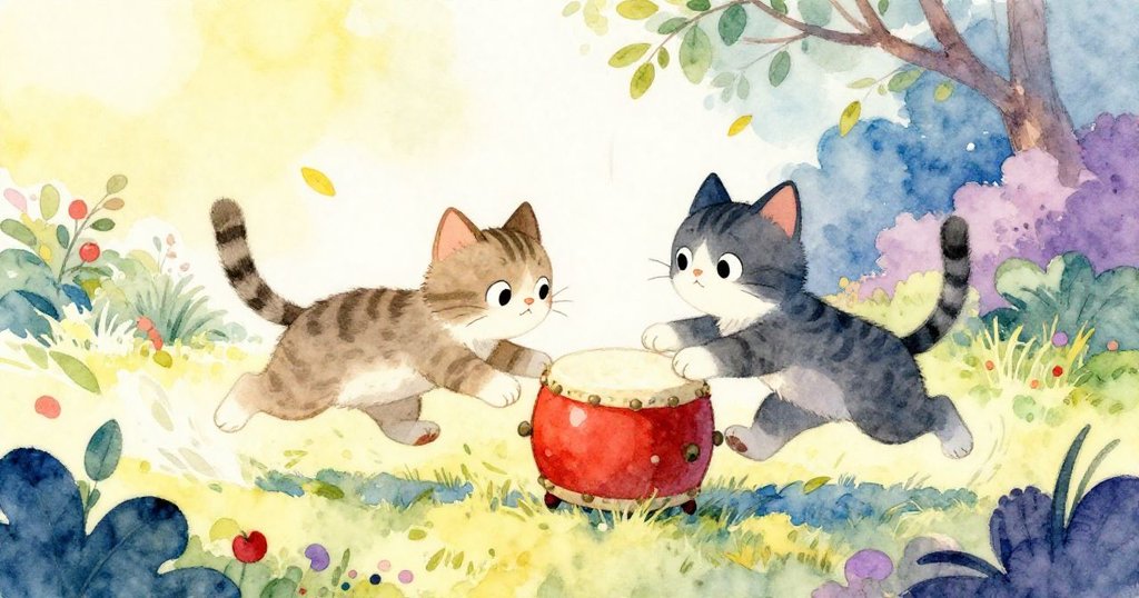 鼓在花園中快速滾動，機敏的貓迅速攔住鼓邊，落葉隨著動感舞動，場景充滿活力與趣味。