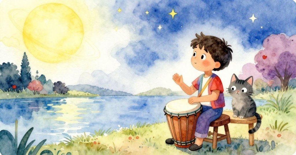 黃昏時分霍爾赫坐在穩固的木凳上輕敲鼓面，貓咪安逸地伏在凳上，池邊靜謐，星空中明亮行星伴隨閃爍星光迎來結局。