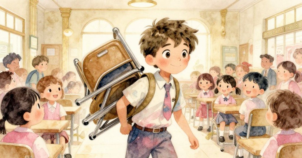 米洛在溫暖午後校堂中搬運摺疊椅子，背景有其他學生忙著清理，展現充滿活力與合作情感的情景。