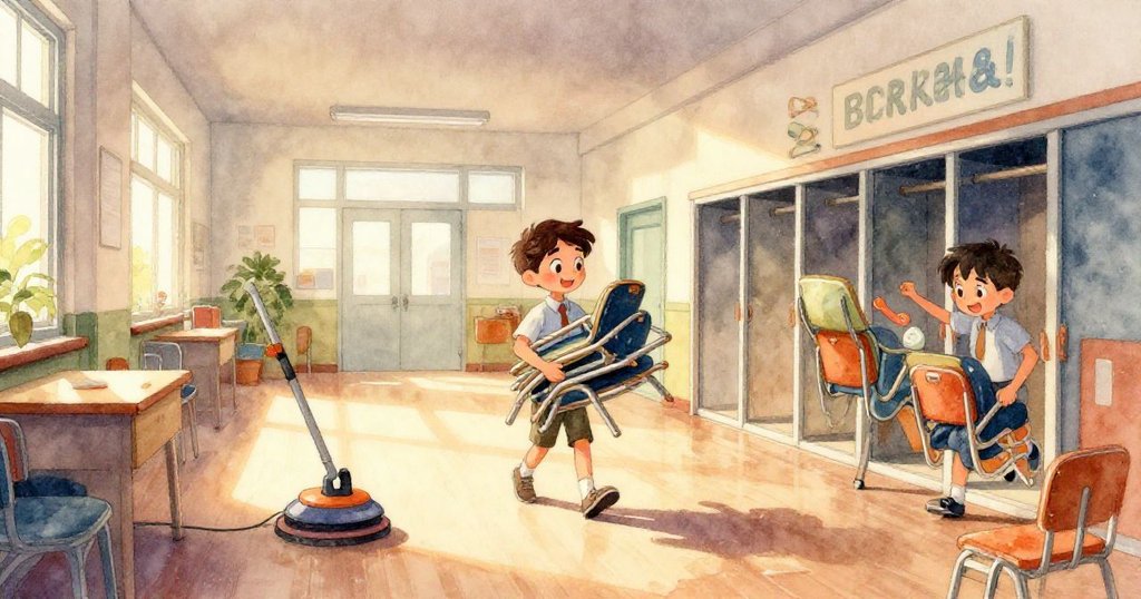 特寫畫面呈現地板擦機輪子上閃亮的肥皂滴，背景隱約可見充滿希望的橫幅，細節豐富且充滿動感。