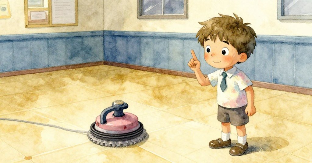 米洛停下腳步觀看地板擦機滾動，手指抬起仔細計數，畫面以傾斜視角呈現充滿驚奇的情緒。