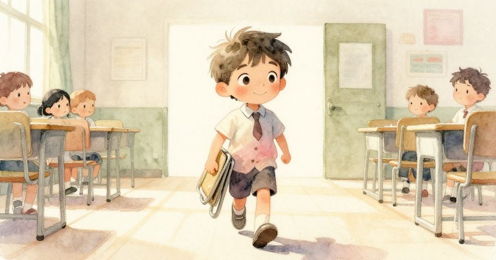 隨著光線微妙變化，米洛在校堂中向前邁步，懷抱著摺疊椅子，展現時間流逝與內心堅定。