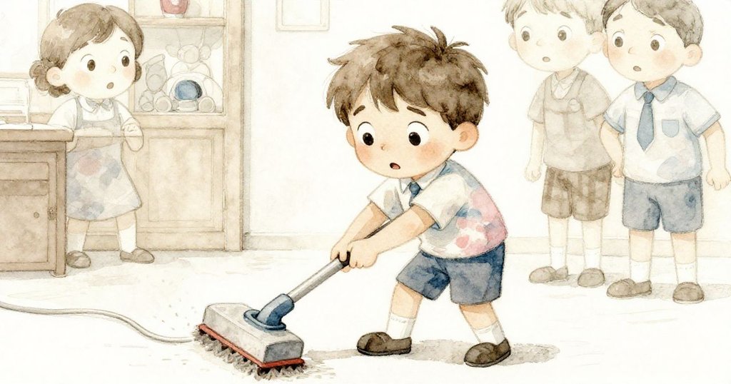 當一個輪子刷過米洛鞋子, 電源線被踢偏, 米洛神情驚訝且堅定, 正思索如何處理意外情況。