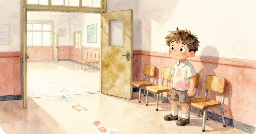 米洛在校堂中將椅子放置到儲藏室旁, 路面留有濕潤腳印, 表現出意外後邁向美好未來的希望。