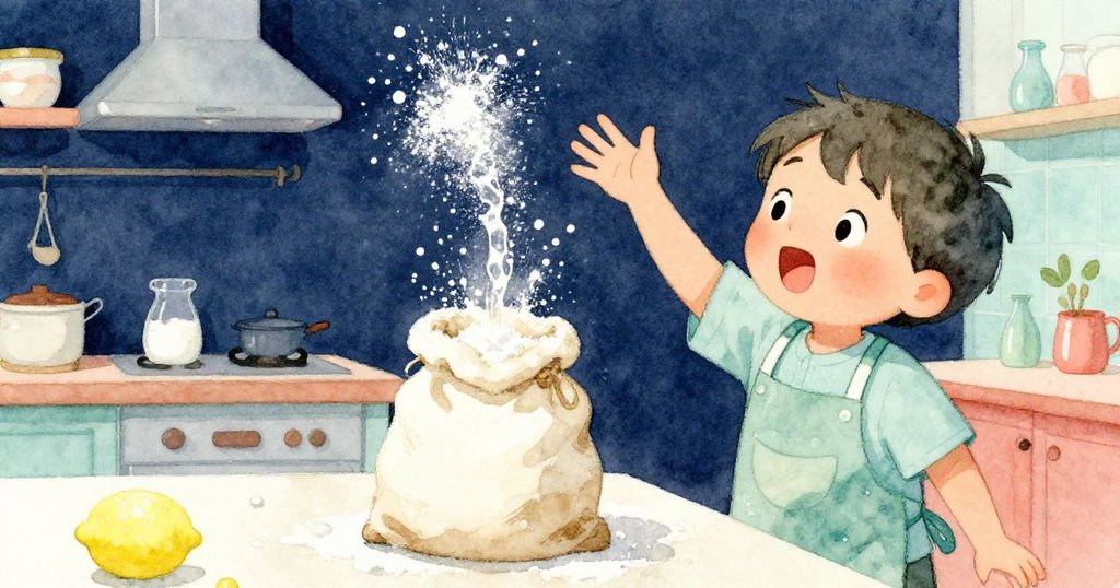 本細心操作廚房用具，觀察糖流撞擊麵粉袋，白色粉末四散飛舞，充滿意外驚喜與創意探索。