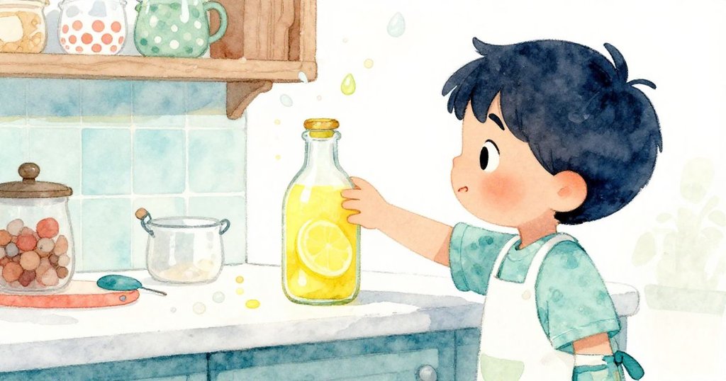 從本身後景看他正小心拿起檸檬汁瓶，廚房桌面滴水飛濺，展現專注與好奇心。