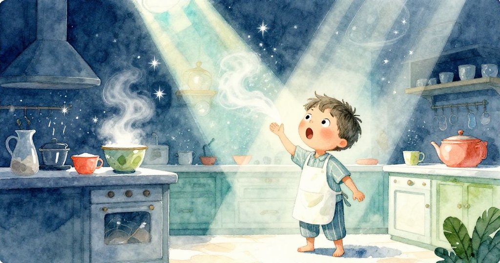 廚房窗外陽光穿透霧氣，灑在本身與飛散麵粉上，營造出魔法般奇妙氛圍，驚嘆且感動。