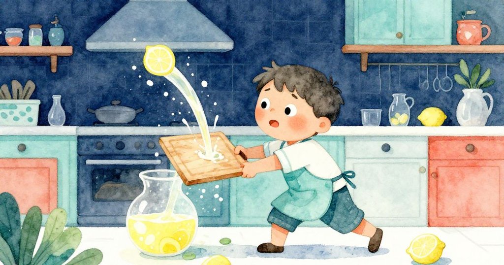 本面露決心推動砧板封堵流動檸檬汁，廚房緊急情境中流露出堅定與果敢。