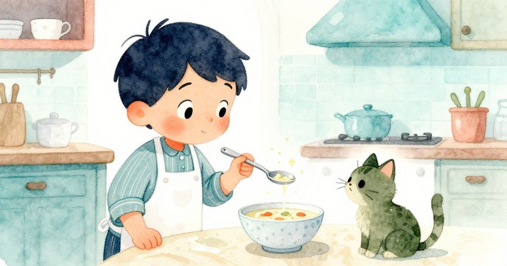 本與寵物貓在溫馨廚房中互遞湯匙，分享魔法創意成果，彼此眼神交會，溫暖又感人。