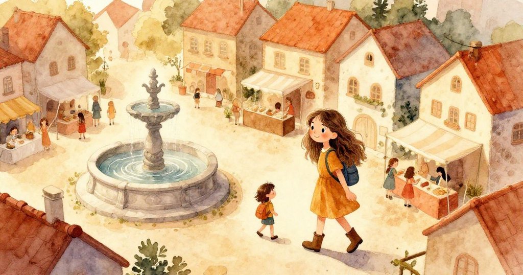 Elena走向清晨光芒中的古老噴泉,背景是寧靜的節慶廣場,臉上帶著期待與堅定。