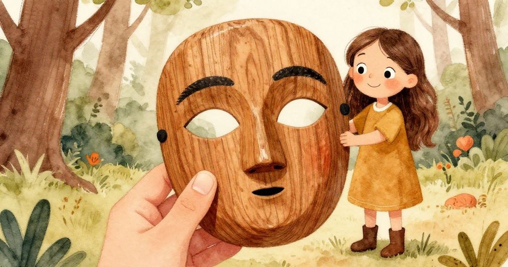 Elena專注觸摸著手工木面具,細膩的木紋在柔和燈光下展現,充滿期待與溫暖感。